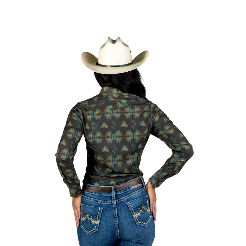 Camisa Vaquera Dama Estampado Yegua Color Verde