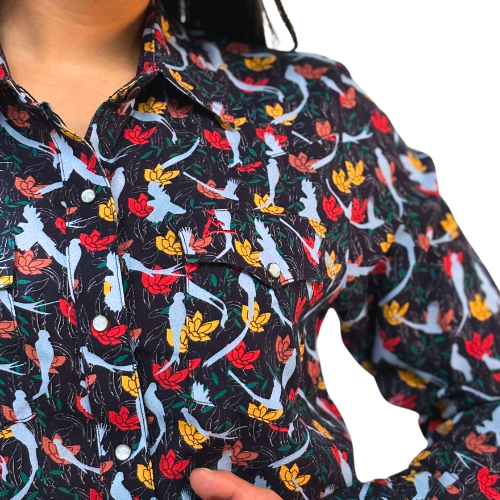 Camisa Vaquera Dama Estampado Quetzal Marino A-CM135